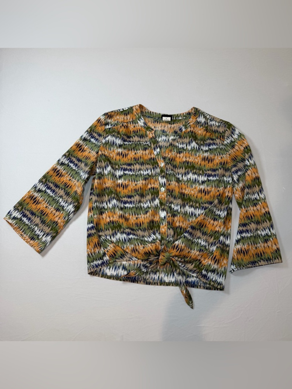 Salon Studio Patterned Tie-Front Button Blouse in Green, Mustard & Navy- Small